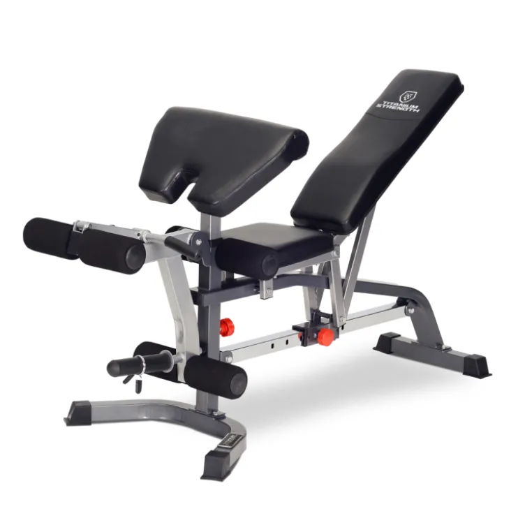 Banc de musculation réglable Titanium Strength avec pupitre à biceps et accessoire leg developer pour entraînement en homegym