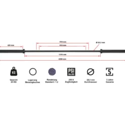 Barre droite olympique avec logo ATX Black Mamba de 220 cm capacité de charge de 700 kg