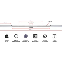 Barre droite olympique capacité de charge 700 kg longueur 220 cm x 50 mm