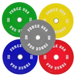 Bumper plates Force USA en caoutchouc colorés avec code couleur IWF de 5 à 25 kg