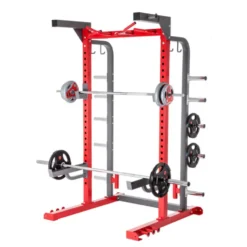 Cage de musculation pour home-gym avec supports de rangement pour disques olympiques et barre de traction