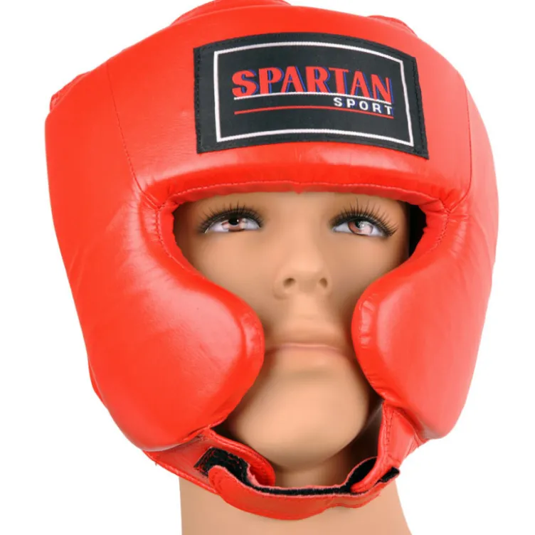 Casque de boxe en cuir rembourré et fermeture velcro - rouge