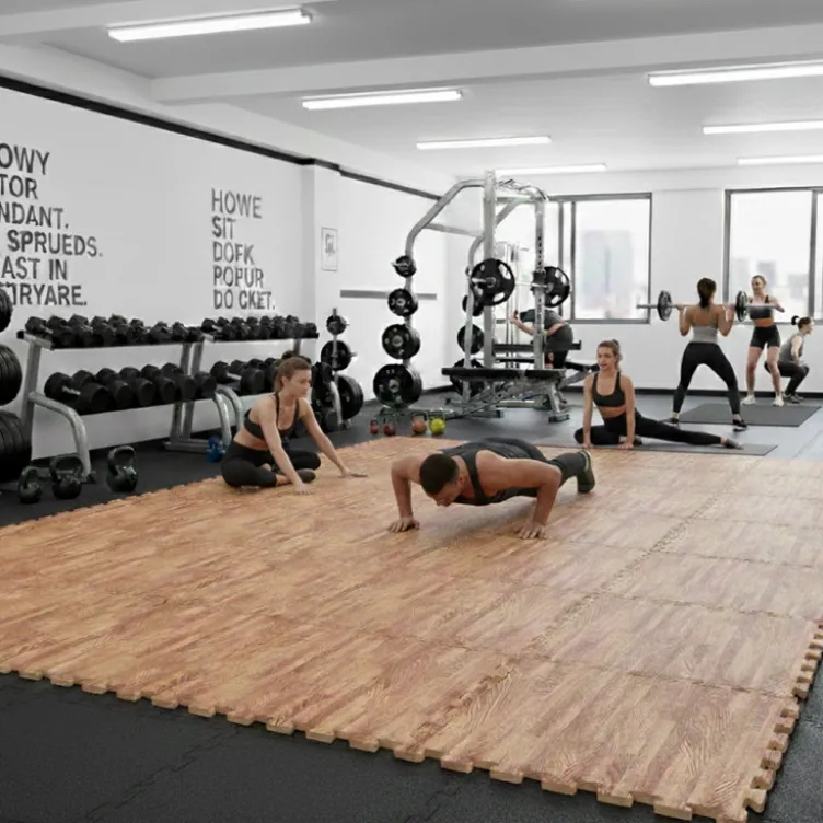 Dalles de sol puzzle effet bois 100 x 100 x 2 cm pour salle de sport et home gym - Installation facile et Norme EN71