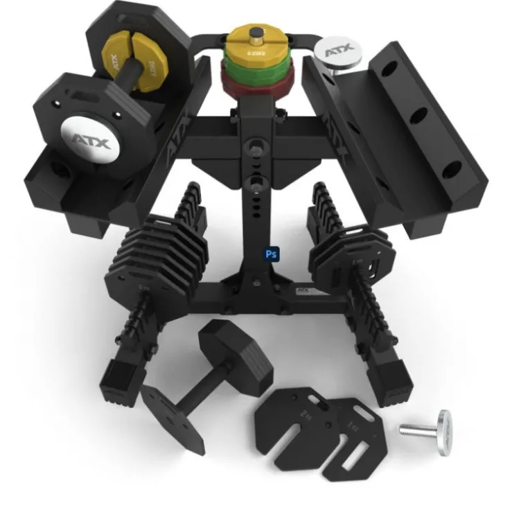 Ensemble complet avec une paire d'haltères octogonales ATX 2 x 24 kg avec support de rangement
