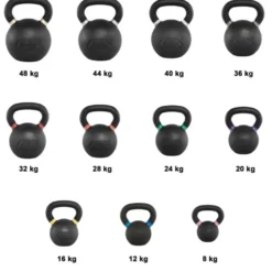 Kettlebells ATX en fonte de 8 à 48 kg avec logo gravé et code couleur pour entraînements sportifs