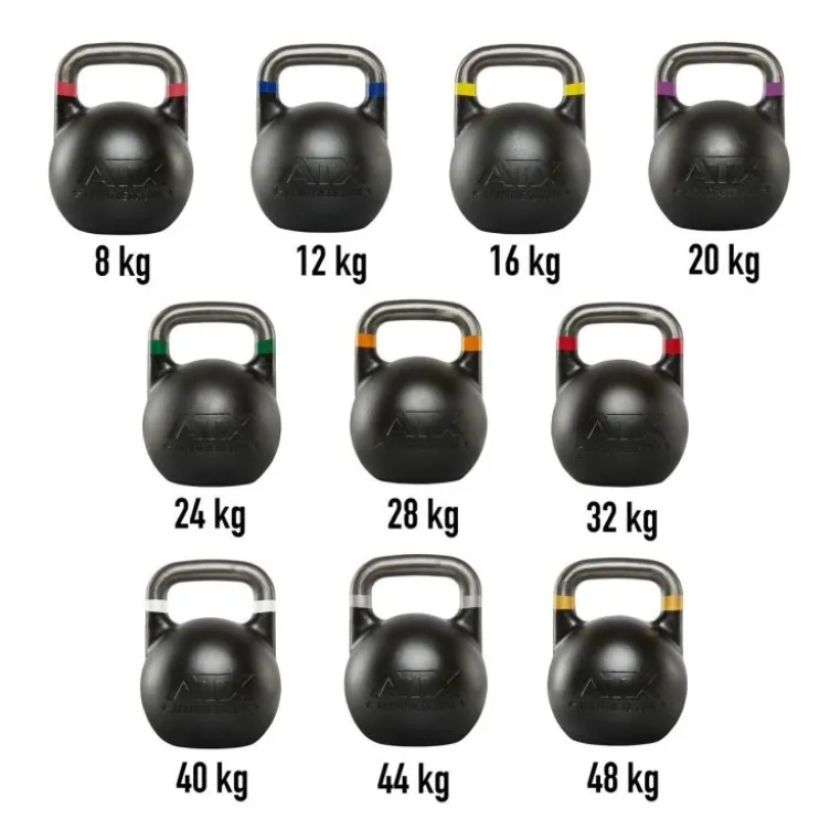 Kettlebells de compétition ATX de 8 à 48 kg avec code couleur et poignée de précision 34 mm