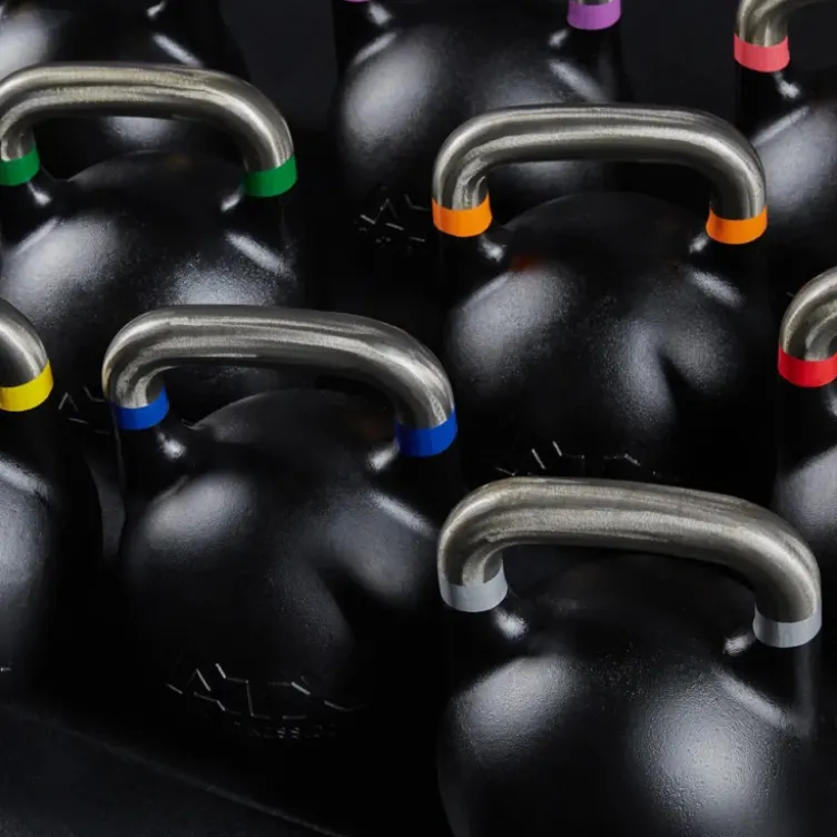 Kettlebells de compétition ATX de 8 à 48 kg avec code couleur et poignée de précision 34 mm