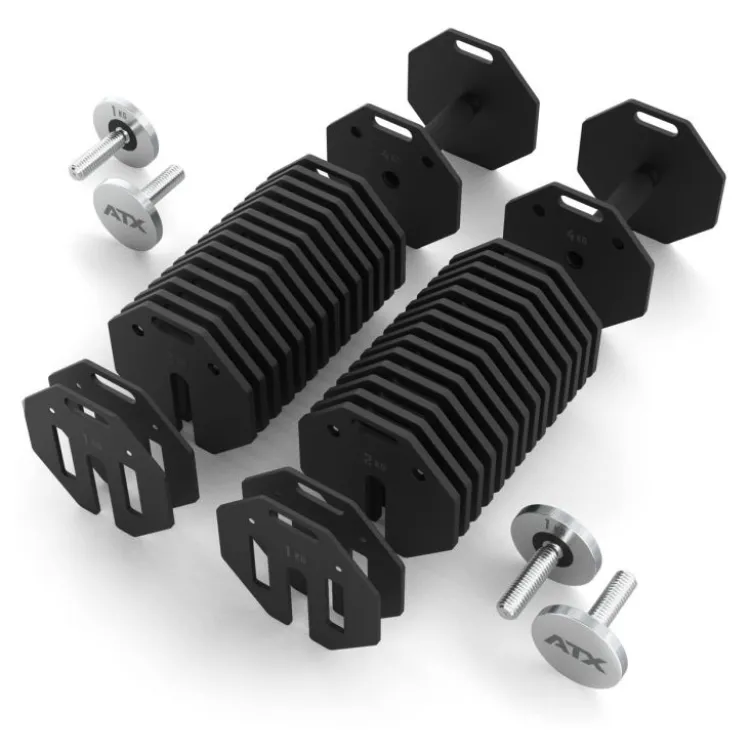 Pack complet avec une paire d'haltères ATX à charge réglable 2 x 36 kg et support de stockage - Barre SZ incluse