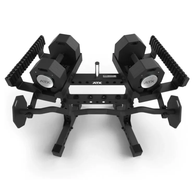 Pack complet avec une paire d'haltères ATX à charge réglable 2 x 36 kg et support de stockage - Barre SZ incluse