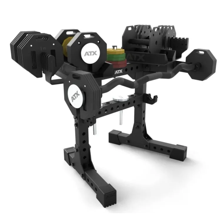Pack complet avec une paire d'haltères ATX à charge réglable 2 x 36 kg et support de stockage - Barre SZ incluse