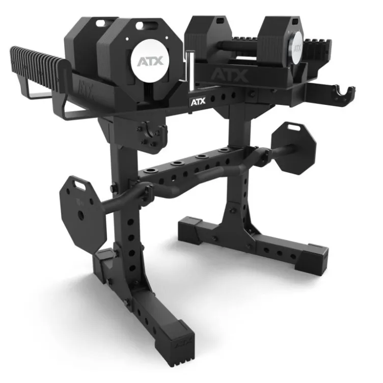 Pack complet avec une paire d'haltères ATX à charge réglable 2 x 36 kg et support de stockage - Barre SZ incluse