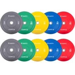 Pack de 150 kg de disques de poids bumper plates en caoutchouc de 5 à 25 kg avec code couleur