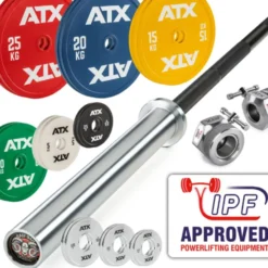 Pack spécial IPF - Barre de Powerlifting - 160 kg de poids de musculation calibrés - Verrou de serrage - ATX