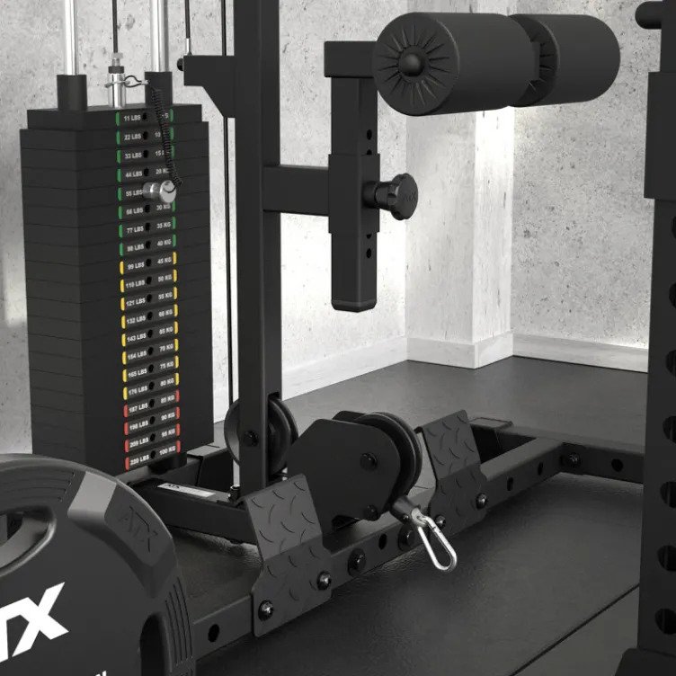 Poste à poulie à charge guidée 100 kg pour half rack ATX HRX-510 avec repose-jambes et repose-pieds pour un confort extrême