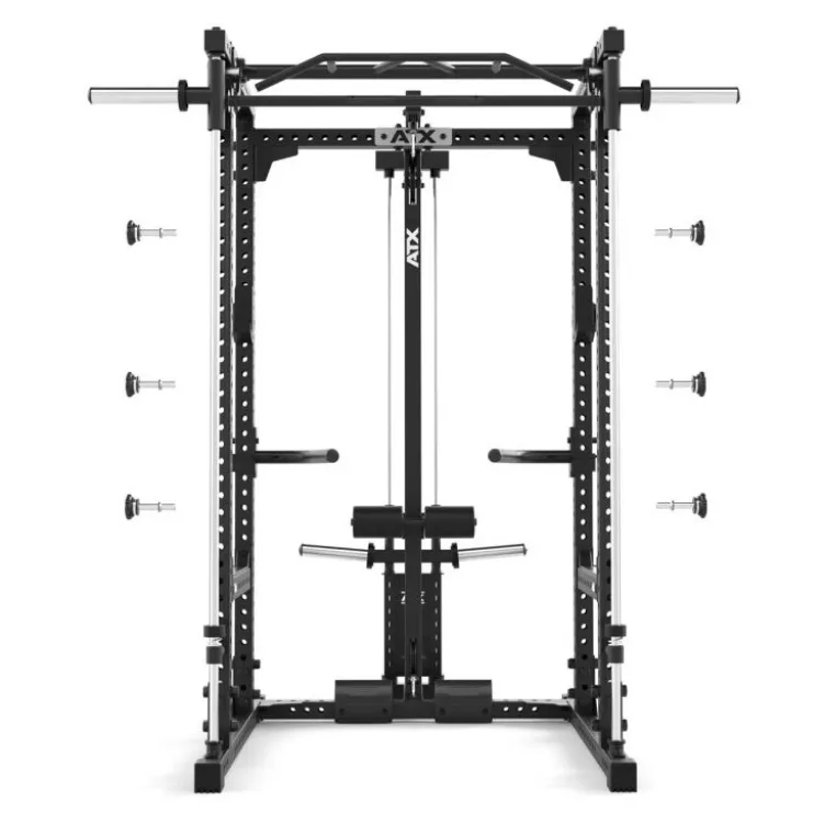 Power rack à squat ATX série 600 en 195 ou 215 cm avec option barre guidée et poulie à charge libre - Barres à dips incluses