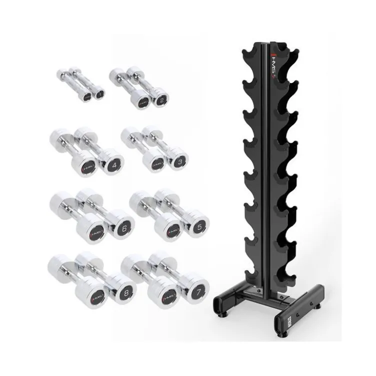 Rack complet de musculation avec 8 paires d'haltères rond en acier de 1 à 8 kg - Espace sportif professionnel