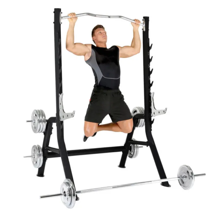 Rack à squat réglable et robuste pour home gym avec barre de traction et supports repose-poids