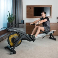 Rameur électronique professionnel avec long rail de 124 cm et système de freinage magnétique - Roues transport