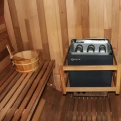 Sauna extérieur complet avec porche à capacité d'accueil de 4 personnes en forme de tonneau en bois de cèdre - De 15° à 90° C