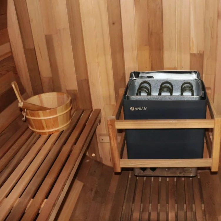 Sauna extérieur complet avec porche à capacité d'accueil de 4 personnes en forme de tonneau en bois de cèdre - De 15° à 90° C