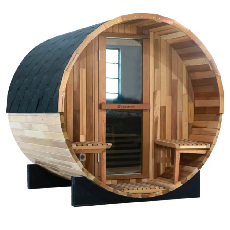 Sauna extérieur complet avec porche à capacité d'accueil de 4 personnes en forme de tonneau en bois de cèdre - De 15° à 90° C