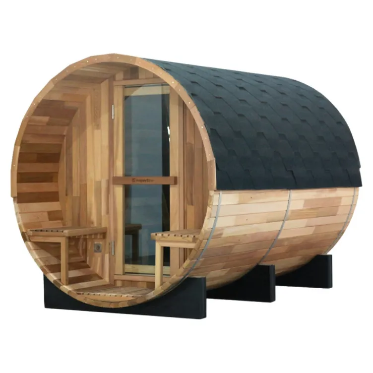 Sauna extérieur en forme de tonneau avec porche pour 6 personnes - Conception en bois de cèdre avec température jusqu'à 90°C