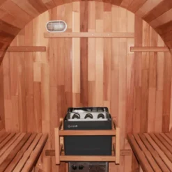 Sauna extérieur en forme de tonneau avec porche pour 6 personnes - Conception en bois de cèdre avec température jusqu'à 90°C