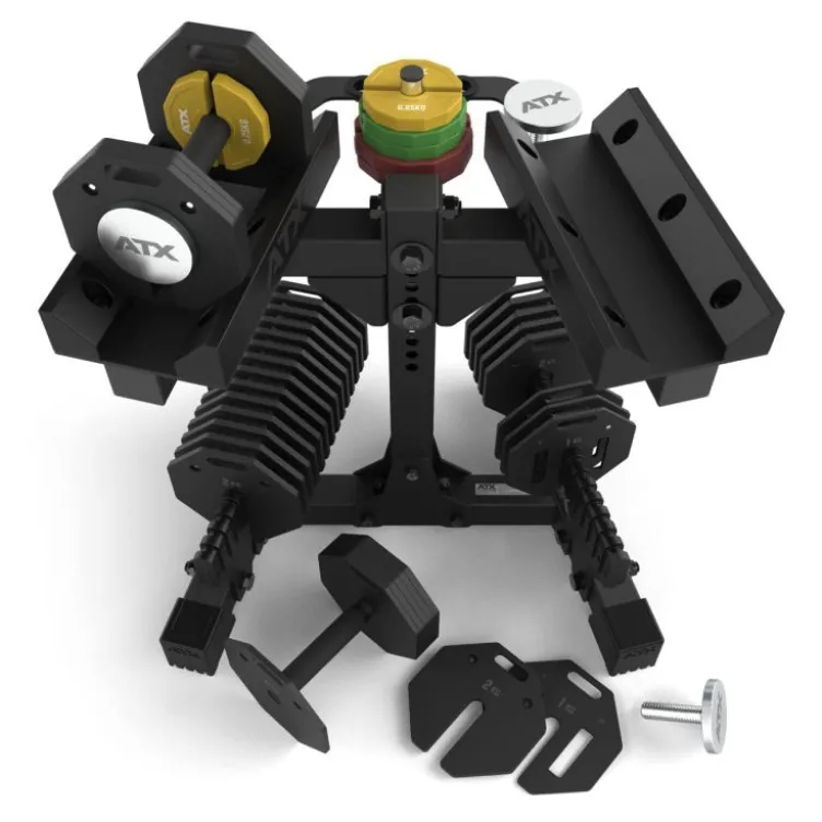 Set complet de musculation avec paire d'haltères octogonales ATX 2 x 36 kg et support de stockage inclus
