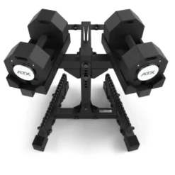 Set complet de musculation avec paire d'haltères octogonales ATX 2 x 36 kg et support de stockage inclus