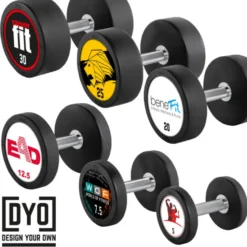 Set complet d'haltères compacts en acier et caoutchouc de 5 kg jusqu'à 50 kg selon déclinaison - Logo personnalisable