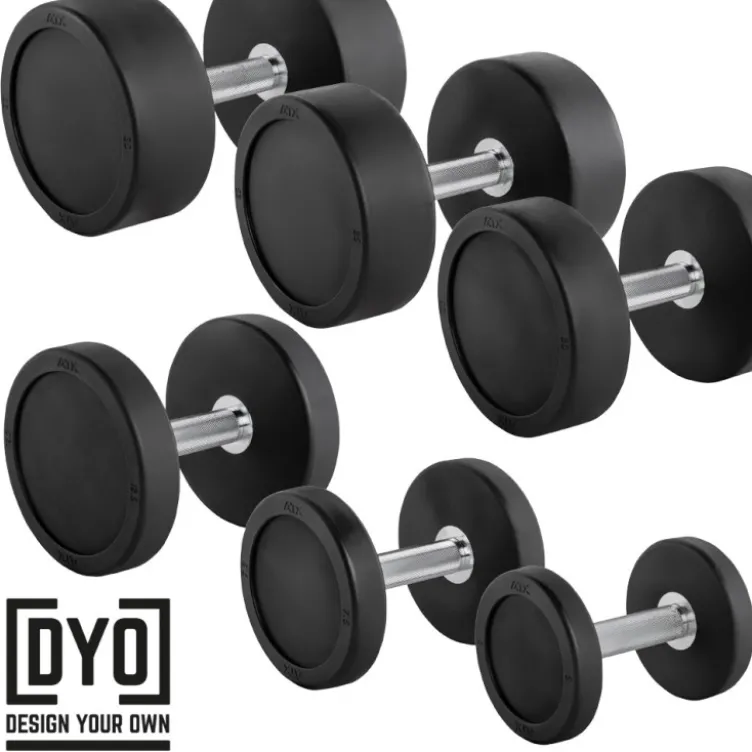 Set complet d'haltères compacts en acier et caoutchouc de 5 kg jusqu'à 50 kg selon déclinaison - Logo personnalisable