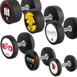Set complet d'haltères compacts en acier et caoutchouc de 5 kg jusqu'à 50 kg selon déclinaison - Logo personnalisable