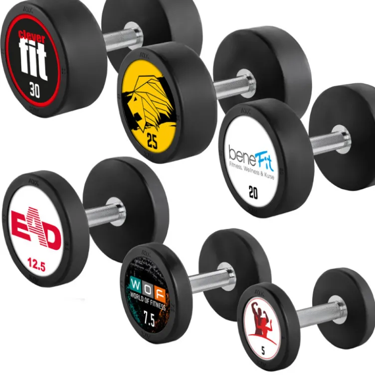 Set complet d'haltères compacts en acier et caoutchouc de 5 kg jusqu'à 50 kg selon déclinaison - Logo personnalisable