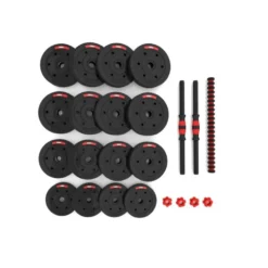 Set de musculation avec poids de 40 kg + 2 barres courtes + barre de connexion idéal pour home-gym