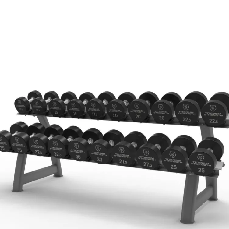 Set d'haltères ronds en PU 10 paires de 12,5 à 35 kg Titanium Strength avec rack de stockage horizontal inclus