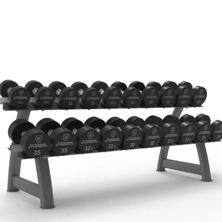 Set d'haltères ronds en PU 10 paires de 12,5 à 35 kg Titanium Strength avec rack de stockage horizontal inclus