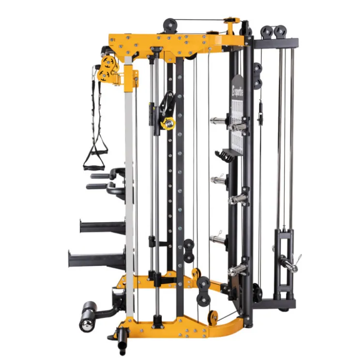 Smith machine de musculation multifonctionnelle avec colonne de poids à charges libres et poste à poulie