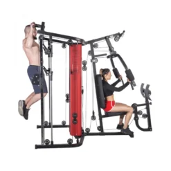 Station d'entraînement complète avec barre guidée et colonne de poids - Accessoires de tirage inclus