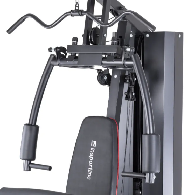Station home gym de musculation à charges guidées avec colonne de poids 99 kg et pupitre à biceps