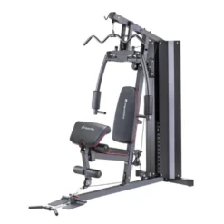 Station home gym de musculation à charges guidées avec colonne de poids 99 kg et pupitre à biceps