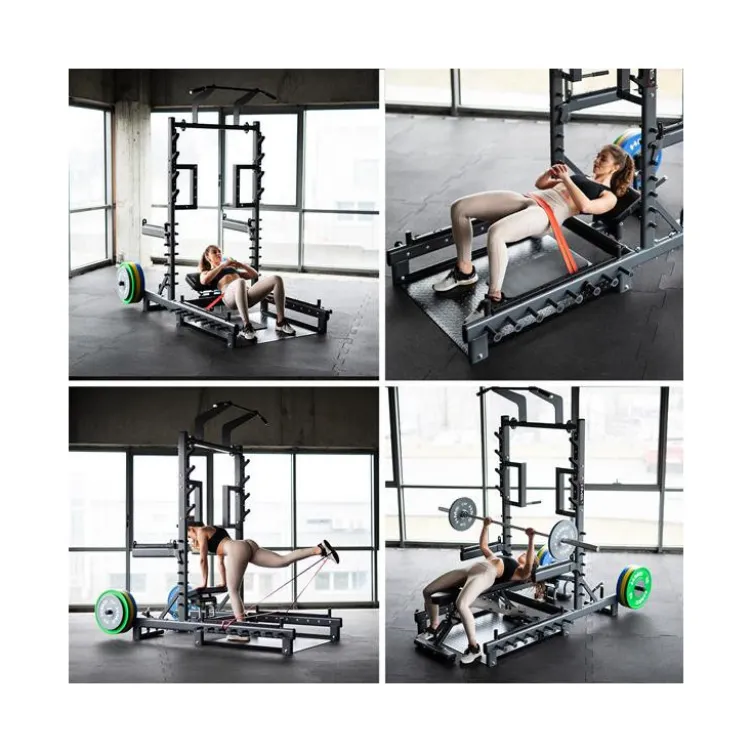 Station power rack à squat polyvalente avec fonction hip trust - Barres à dips et barre de traction intégrée