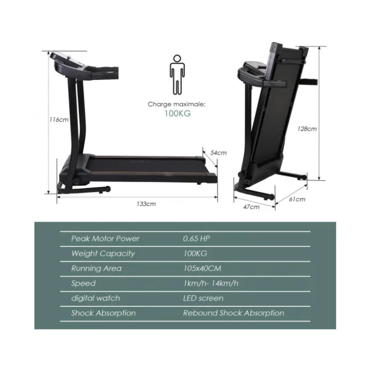Tapis de course éléctrique 14 km/h silencieux et pliable avec support pour Ipad