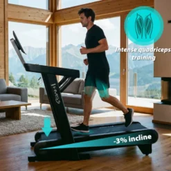 Tapis de course pliable 1 à 22 km/h avec système d'inclinaison et de déclinaison de -3 à 12 % - Écran TFT connecté et rotatif
